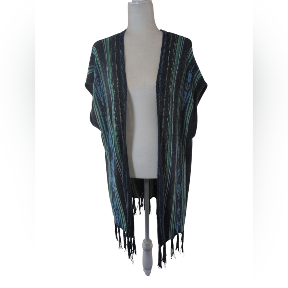 Chaps Poncho Women's L Blue/Green/Multi Fringed Hem Sleeveless Open Acrylic Knit